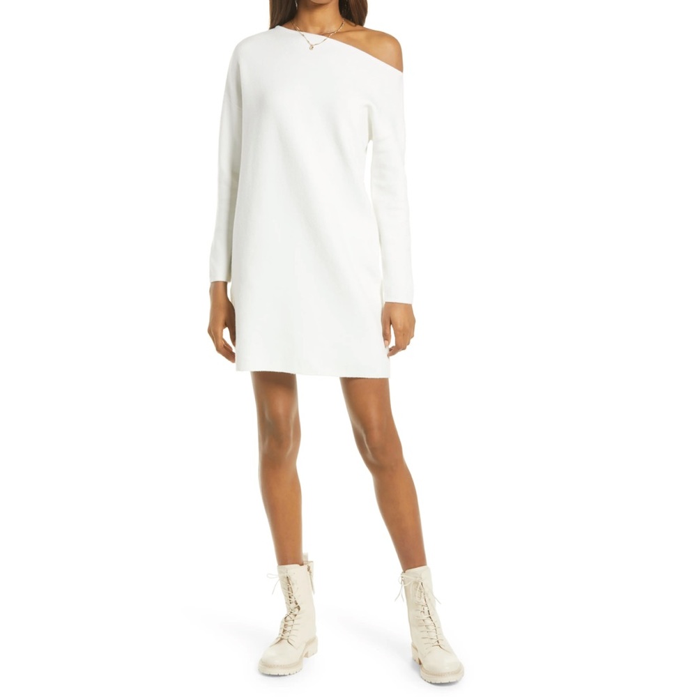 Treasure & Bond Off the Shoulder Knit Dress in Ivory Birch